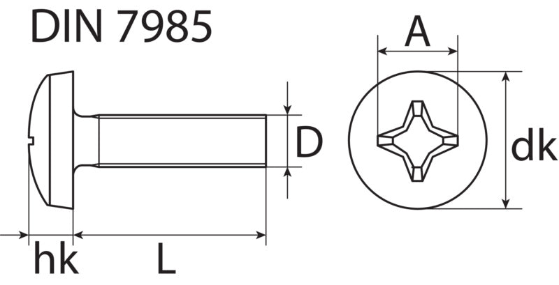 Vis métaux, tête bombée, PH, DIN 7985, acier zingué