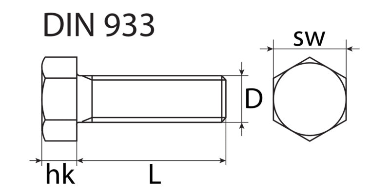 Vis métaux, tête hexagonale, acier inoxydable A2, DIN 933