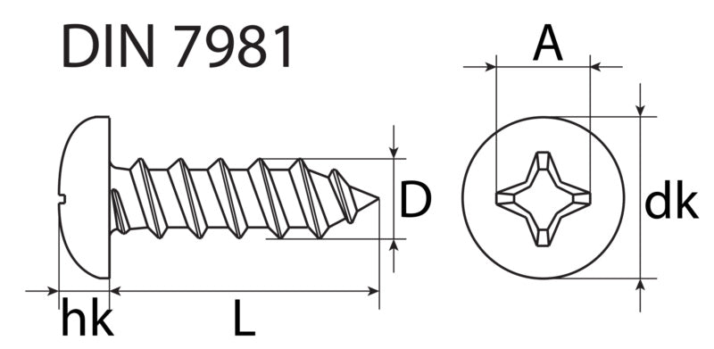 Blechschrauben PH Linsenkopf, Edelstahl A2, DIN 7981