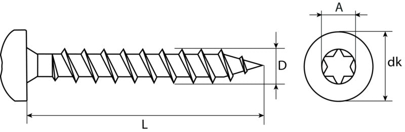 Tornillo para aglomerado, cabeza alomada TX, acero inoxidable A2