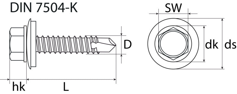 Tornillo autoperforante, cabeza hexagonal con arandela de sellado, cincado, DIN 7504-K