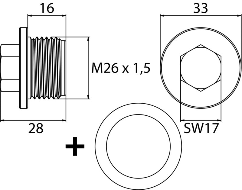 Ölablassschraube M26 x 1,5 x 16 mit Dichtring, Stahl verzinkt